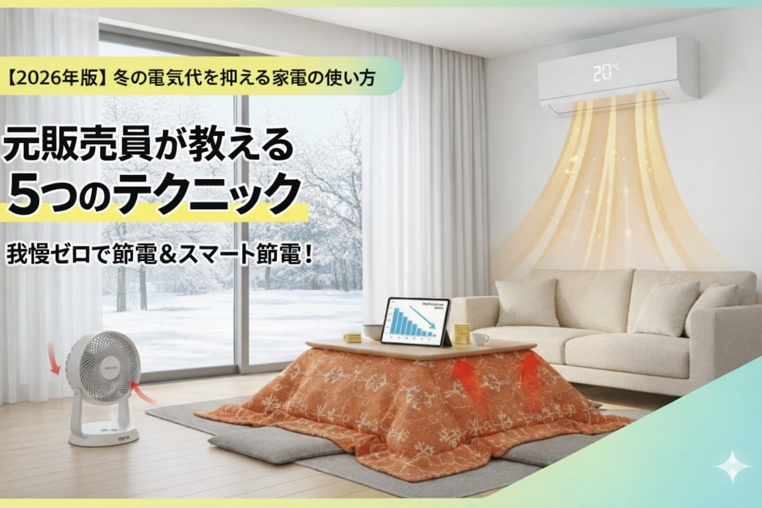 冬の暖房器具と電気代の比較表を示す画像、エアコン・こたつ・電気毛布の使い分けで節約する方法