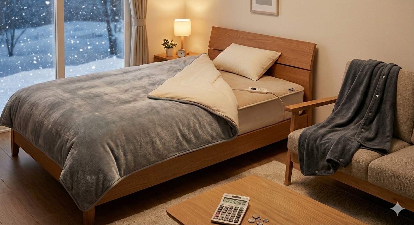 2026年おすすめ電気毛布3選の比較画像 - パナソニックDB-U12T-C、無印良品羽織れる電気ブランケット、パナソニックDB-RMH10M-Hを並べた写真