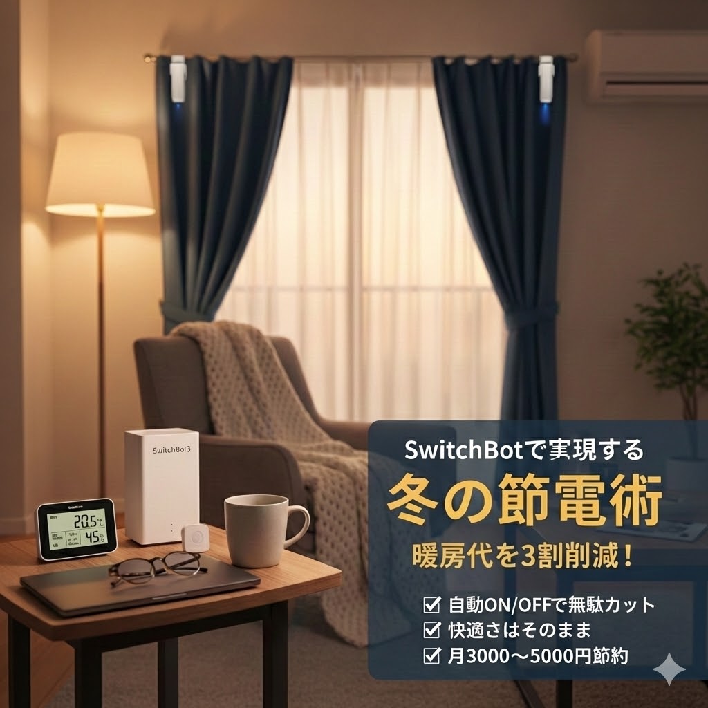 SwitchBotで実現する冬の節電術のイメージ画像。暖房の自動化で電気代を削減する様子を表現