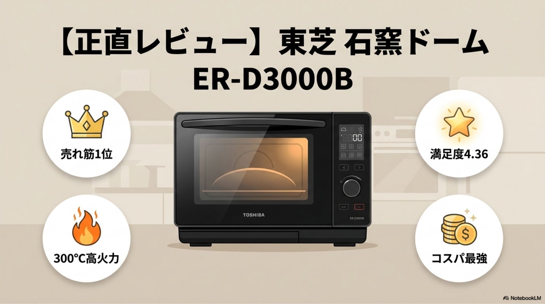 東芝 石窯ドーム ER-D3000B グランブラック 過熱水蒸気オーブンレンジ 正面画像