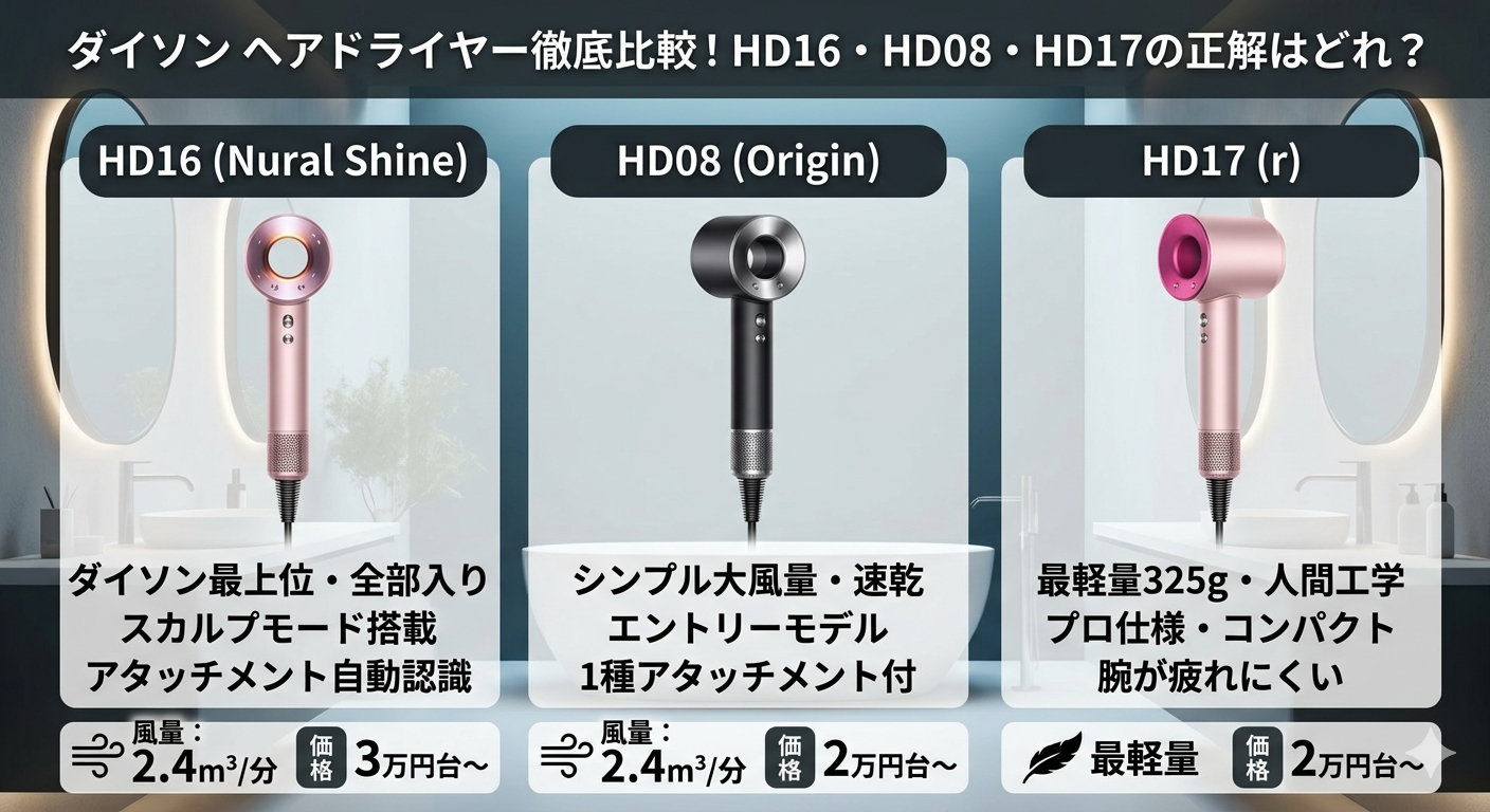 ダイソン スーパーソニック ヘアドライヤー HD16・HD08・HD17 の3機種を並べた比較画像