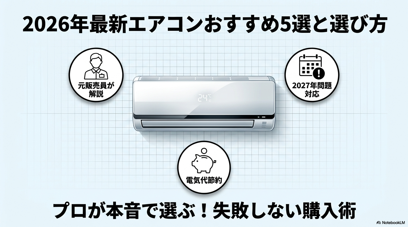 白い壁に設置されたルームエアコンの室内機。2026年最新モデルのエアコンおすすめ比較記事のアイキャッチ