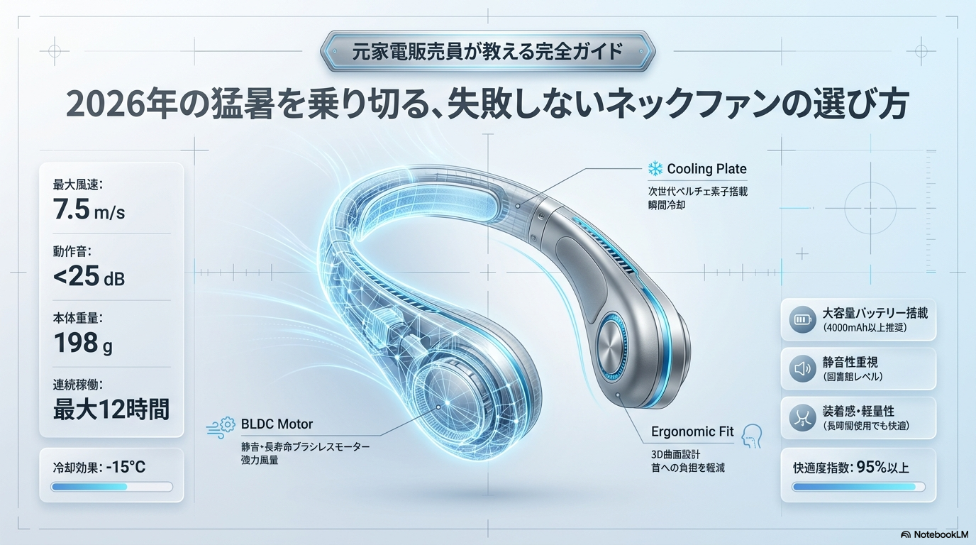 首掛け扇風機（ネックファン）おすすめ2026年版｜ペルチェ式・羽なし・静音タイプを比較する元販売員イメージ