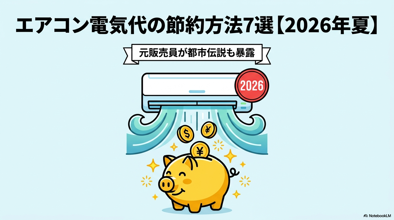 エアコンの電気代節約方法を解説するイメージ｜フィルター掃除・室外機・サーキュレーター併用などの節電ポイントを示す図解