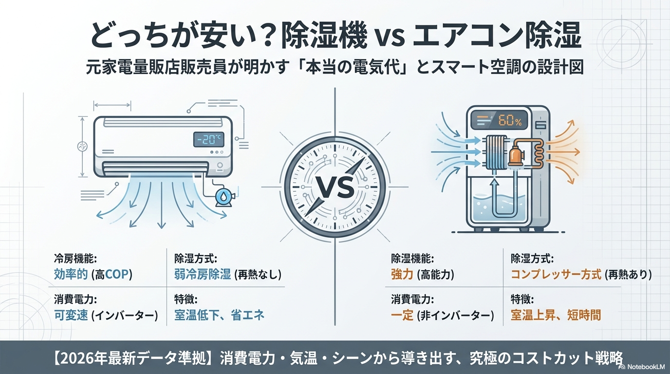 除湿機とエアコン除湿の電気代を比較したイメージ｜梅雨や部屋干しの使い分けを解説