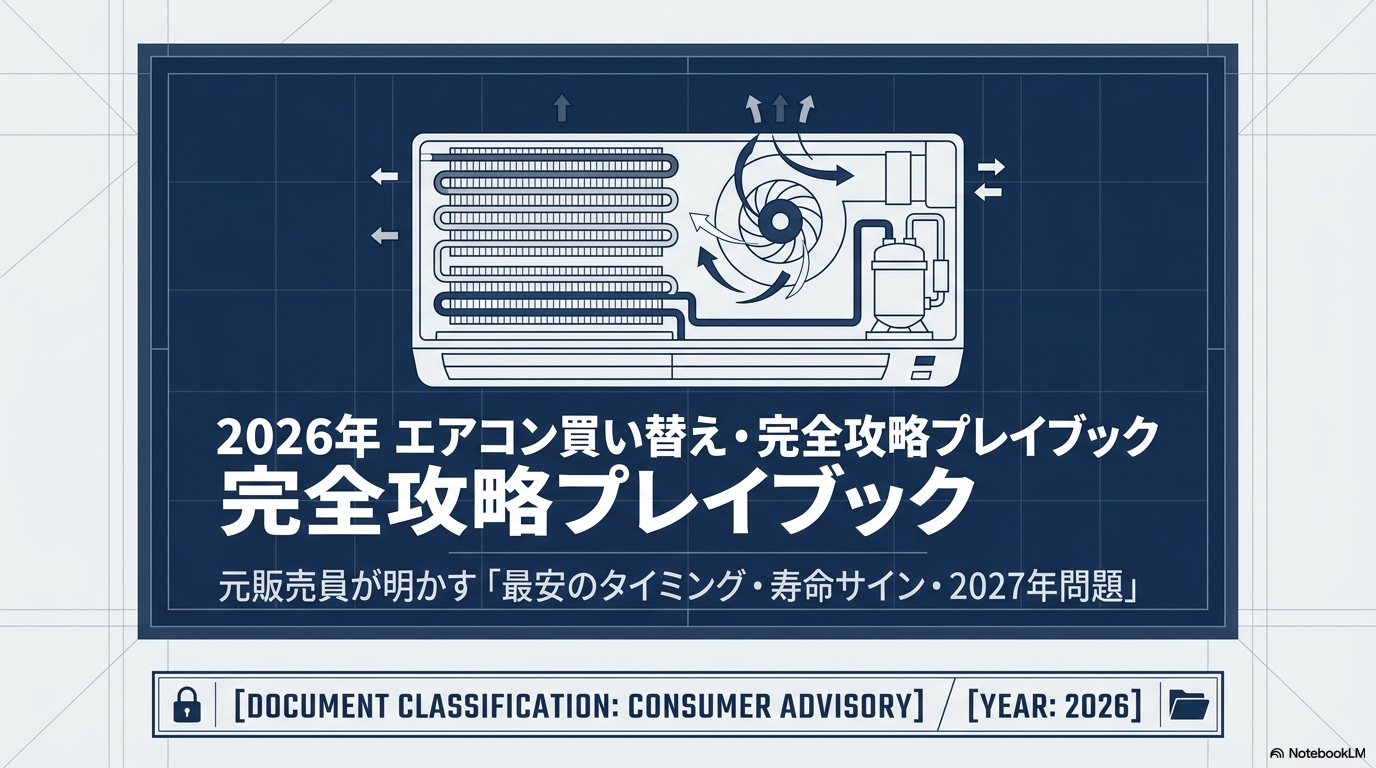 エアコンの買い替え時期と値下がりタイミングを比較検討している様子。2026年の省エネ基準変更前に買い替えを検討する元家電量販店販売員が解説。