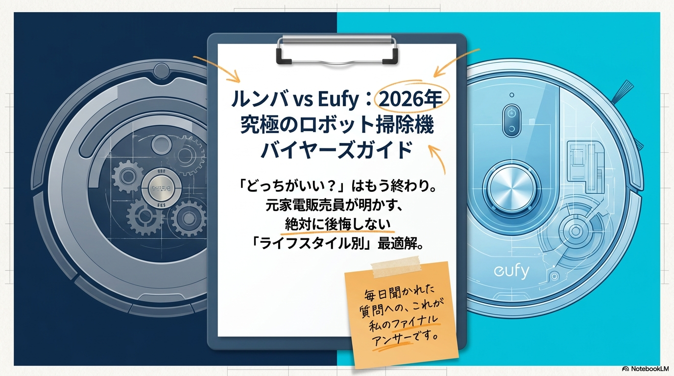 ルンバ（iRobot Roomba）とEufy（ユーフィ）のロボット掃除機を並べて比較したイメージ画像
