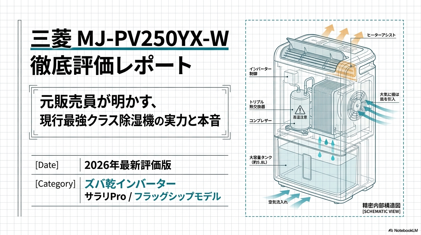 三菱電機 MJ-PV250YX-Wのレビュー。ズバ乾インバーター サラリProの除湿力・運転音・電気代を元家電量販店販売員が正直に評価している様子。