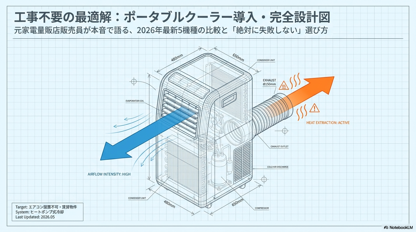 ポータブルクーラーを賃貸の部屋に設置している様子。工事不要で窓パネルに排熱ダクトを接続したアイリスオーヤマのIPA-2325S