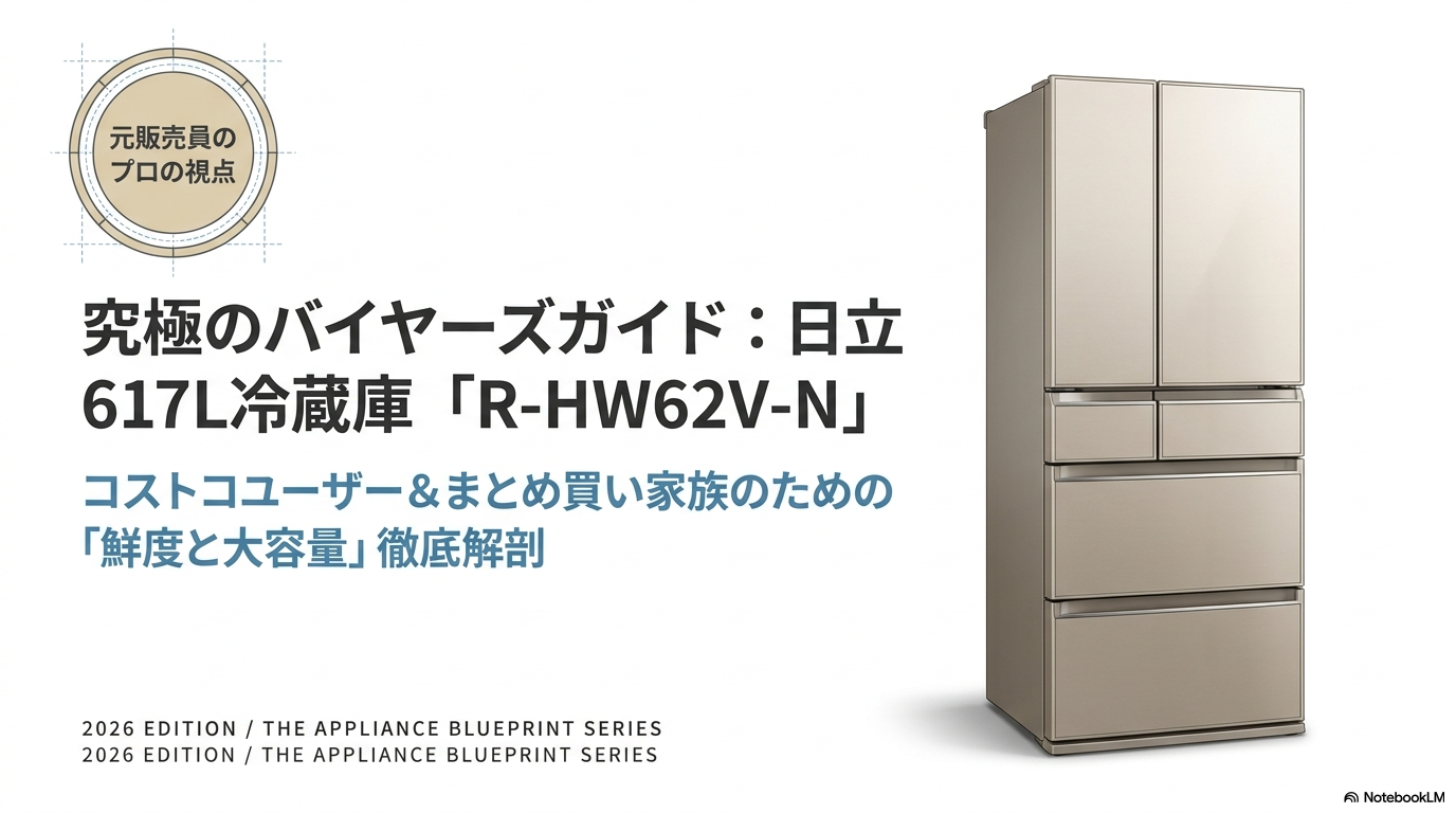 コストコでも販売されている日立冷蔵庫R-HW62V-Nの特徴・口コミ・購入先比較を元販売員が解説した記事のアイキャッチ画像