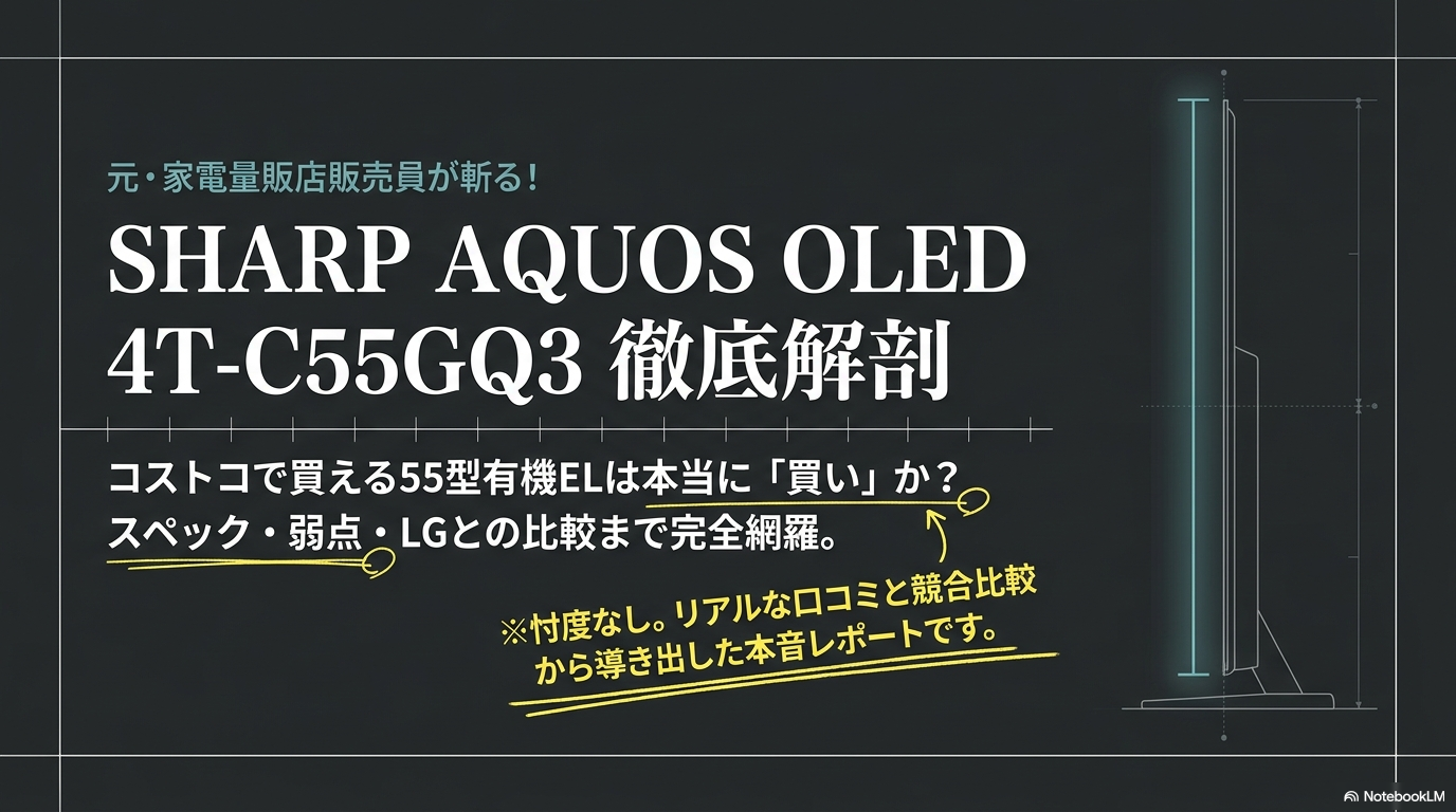 コストコでも販売されているシャープAQUOS OLED 4T-C55GQ3の特徴・口コミ・購入先比較を元販売員が解説した記事のアイキャッチ画像